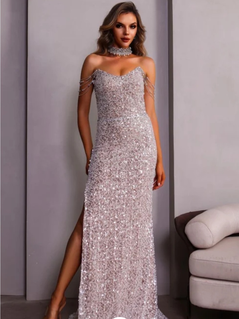 Terani Couture Strapless Sequin Gown in Blush Pink